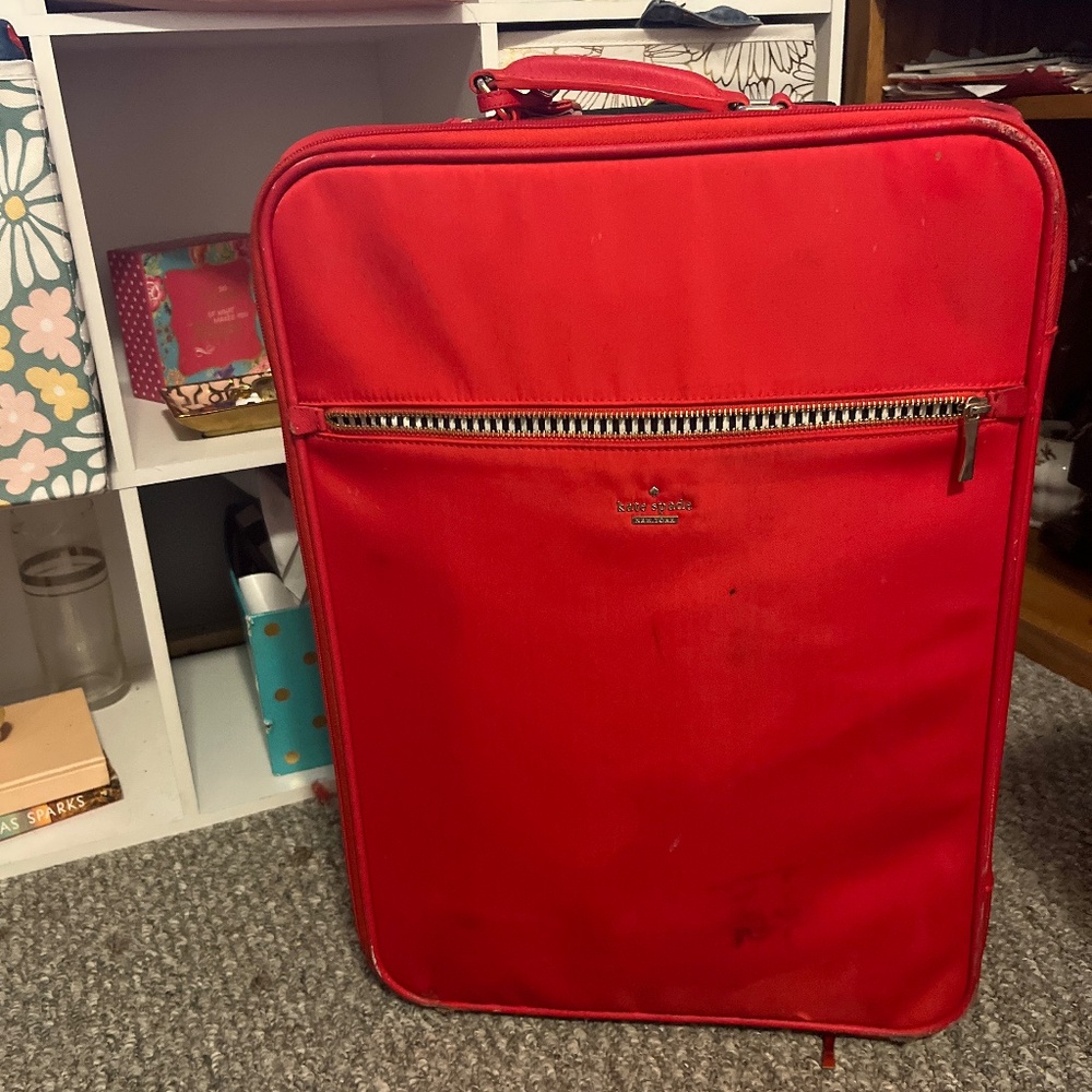 Kate spade red, carry-on suitcase, luggage wheels